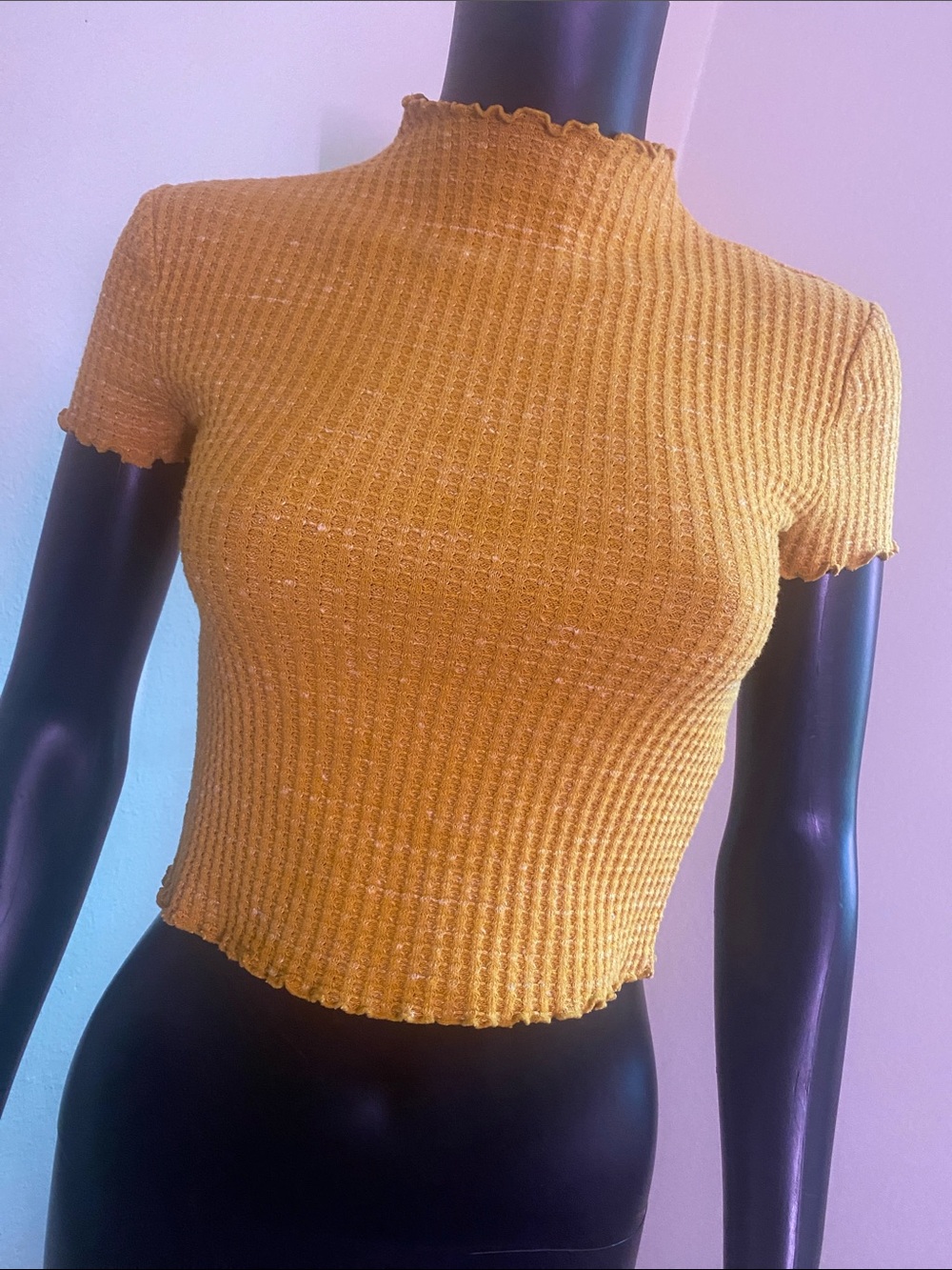Forever 21 Mustard Yellow Ribbed Mock Neck Short Sleeve Crop Top